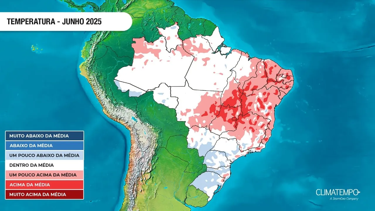 A imagem mostras as áreas em alerta para temperaturas elevadas durante o mês de junho